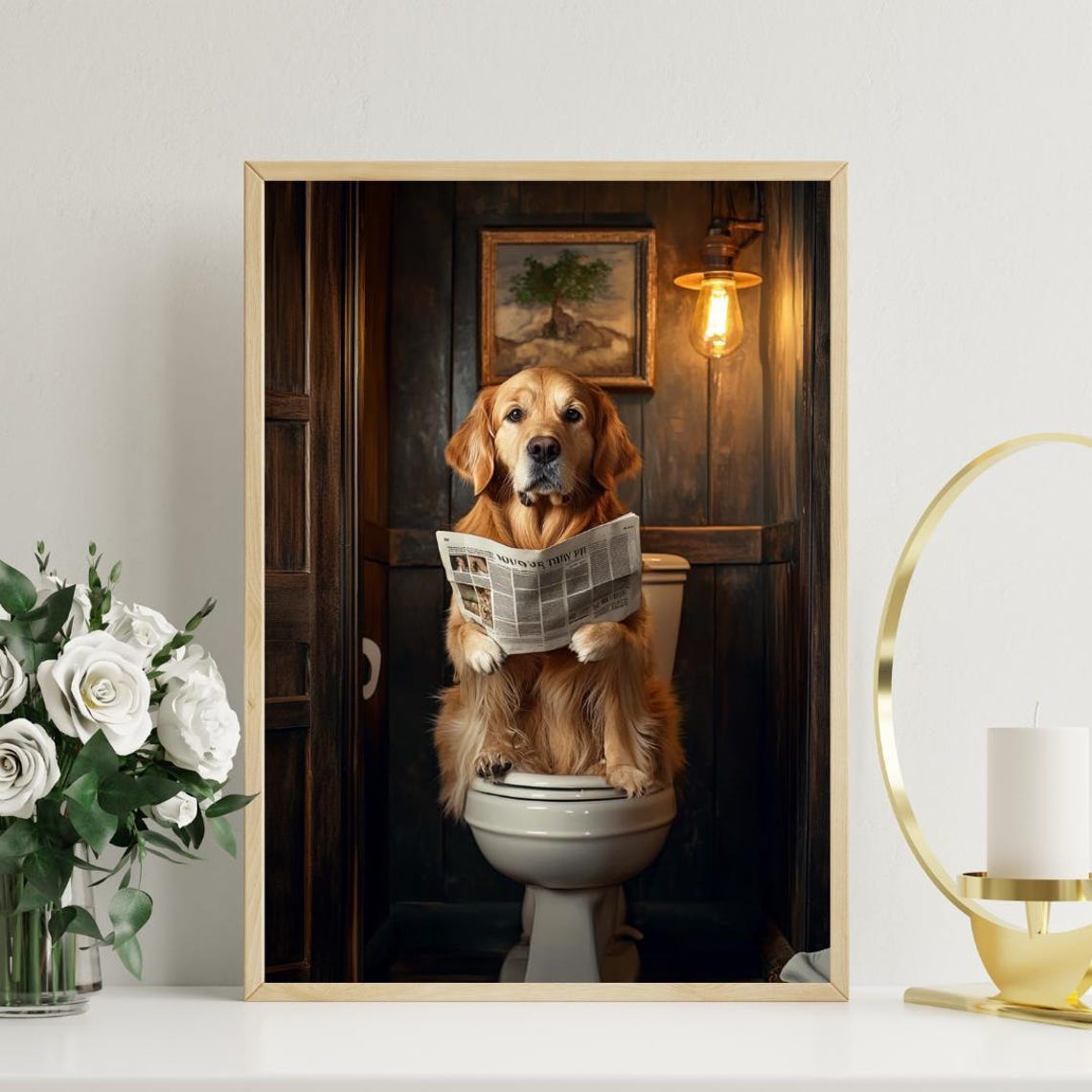 Golden Retriever On Toilet Poster Poster Golden Retriever Bathroom Print Toilet Wall Art Golden Retriever Portrait Dog Bathroom Poster - Image 3
