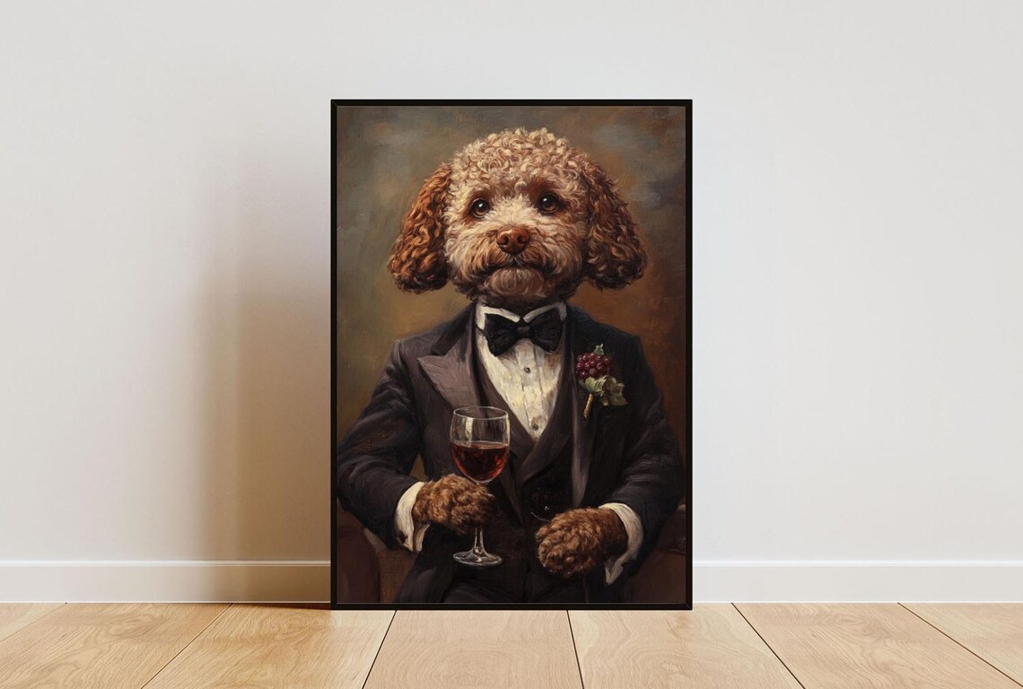 Lagotto Romagnolo In Tuxedo Holding Red Wine Curly Dog Portrait Poster