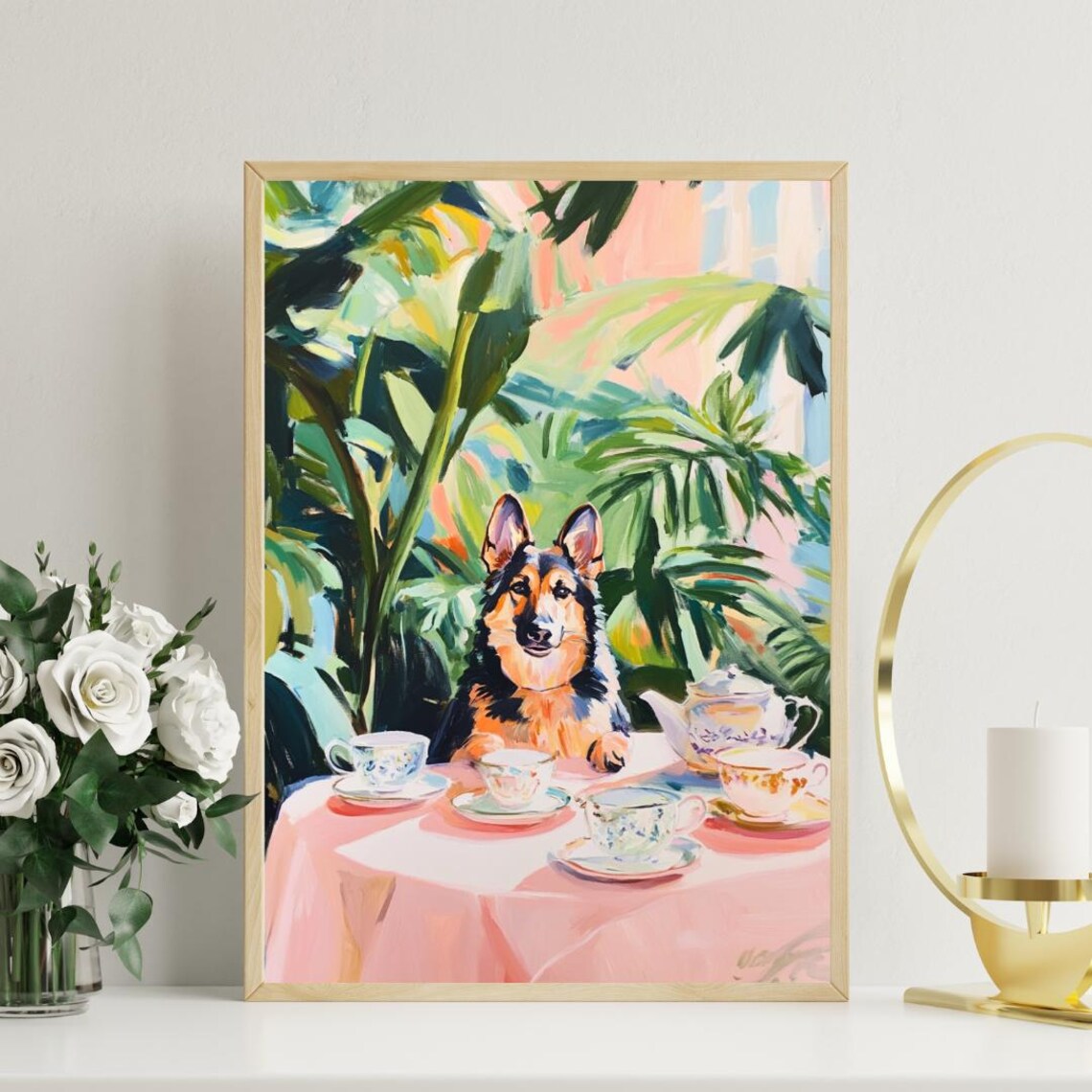 German Shepherd Dog Garden Tea Party Pastel Painting Style Poster - Image 3