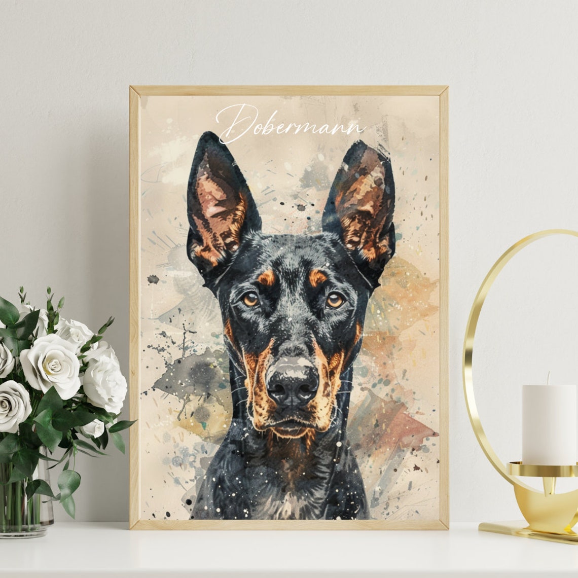 Dobermann Watercolor Dog Breed Portrait Poster Script Name Detail - Image 3