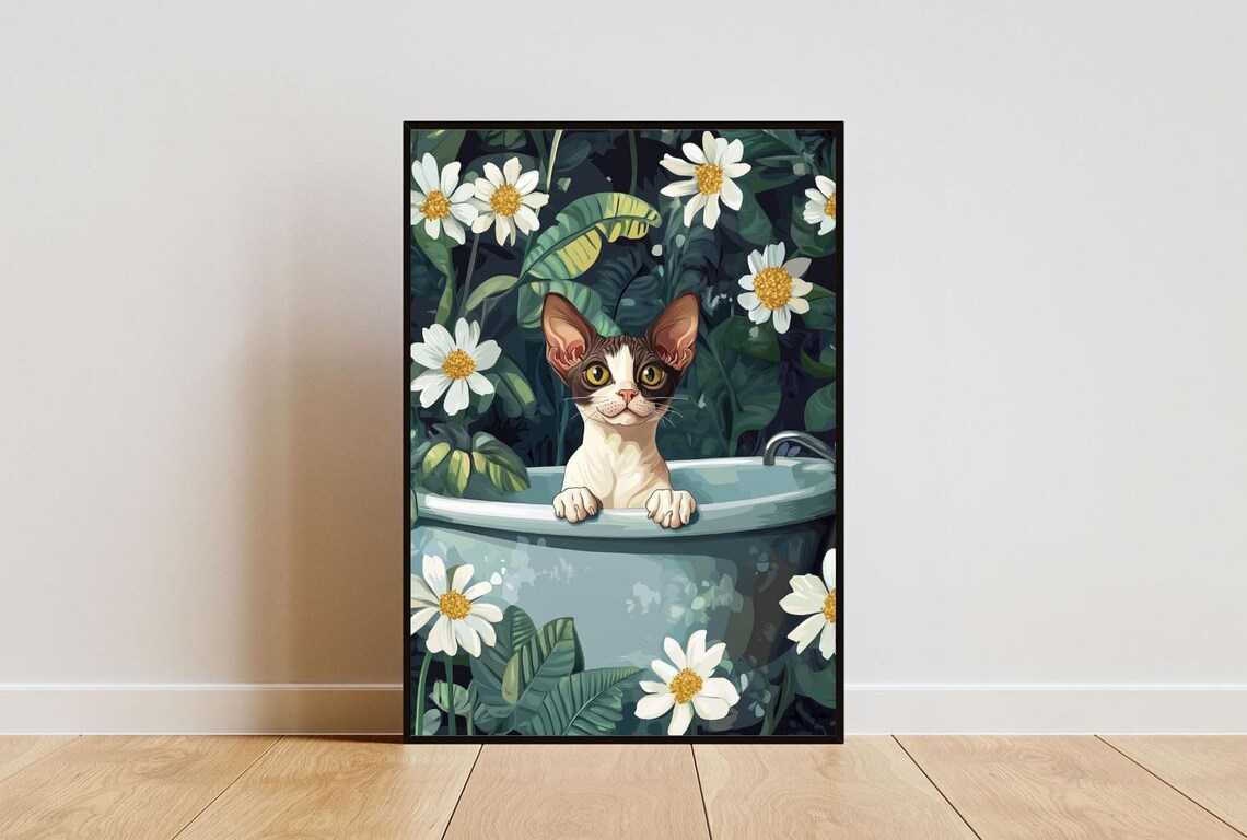Cornish Rex In Bathtub Funny Cat Bathroom Art Print