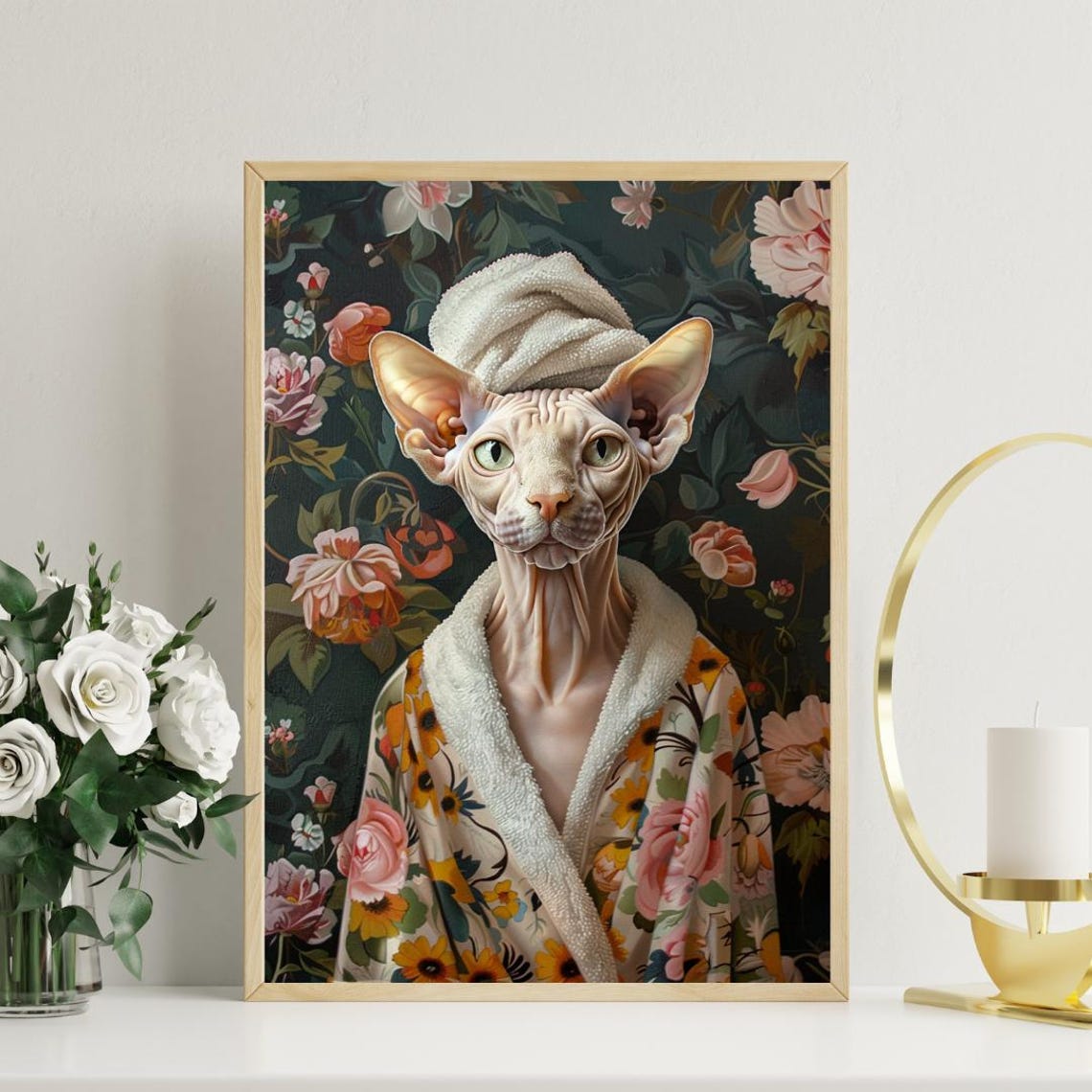 Sphynx In Bathrobe Spa Day Portrait Funny Hairless Cat Wall Poster - Image 3