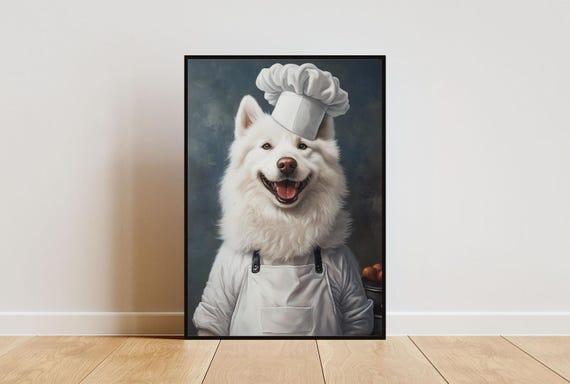 Samoyed In Chefs Hat Poster Pet Poster Samoyed In Apron Print Funny Dog Wall Art Samoyed Portrait Dog Kitchen Poster Animal Poster