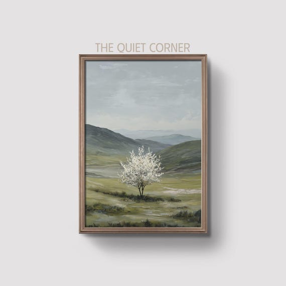 Spring Landscape Art Blooming Tree Print Mountain Valley Painting Nature Wall Decor Prints