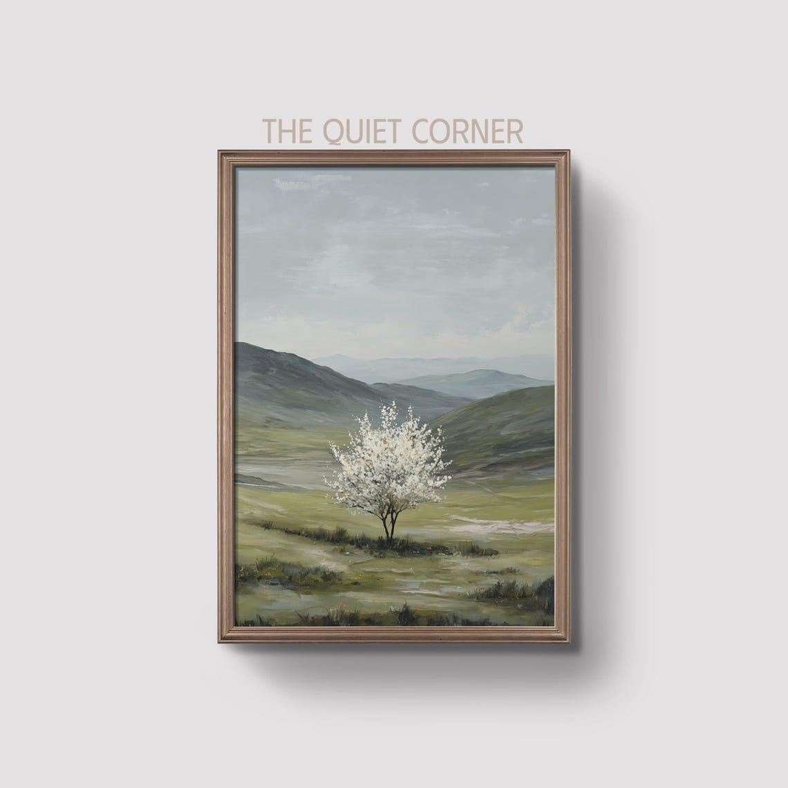 Lone White Blossom Tree Rolling Green Valley Landscape Poster