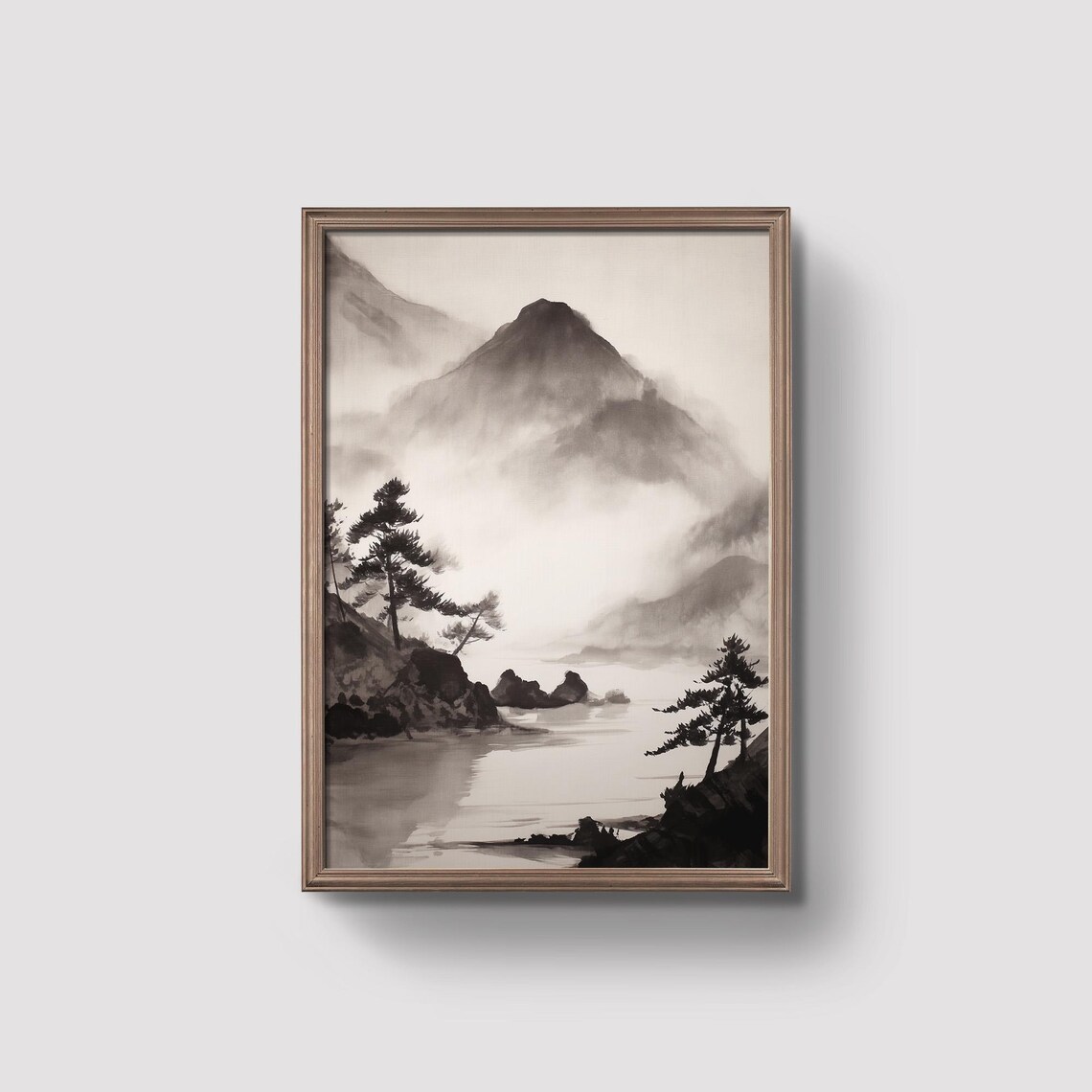 Misty Mountain Lake Pines Japanese Ink Wash Zen Style Wall Art Decor
