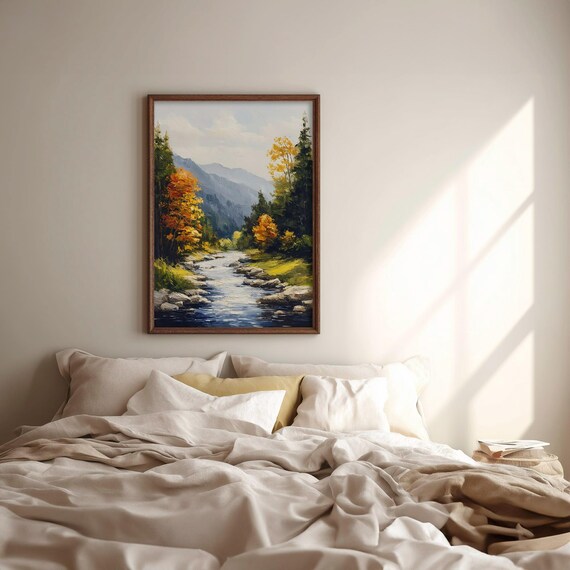 Autumn Mountain Stream Fall Foliage Painting Rustic Wall Art