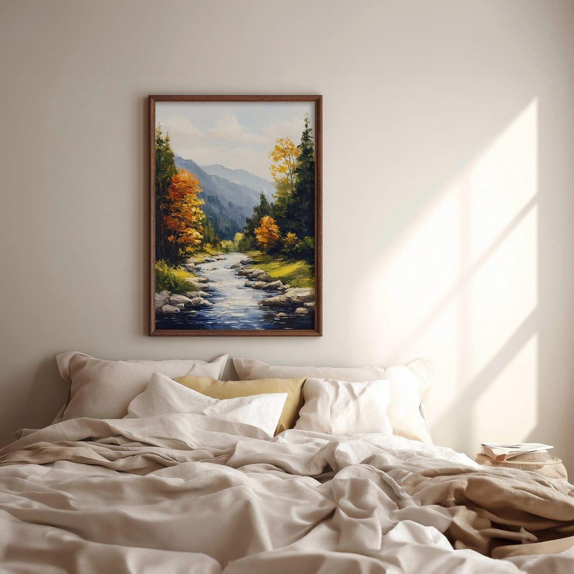 Autumn Mountain Stream Fall Foliage Painting Rustic Wall Art