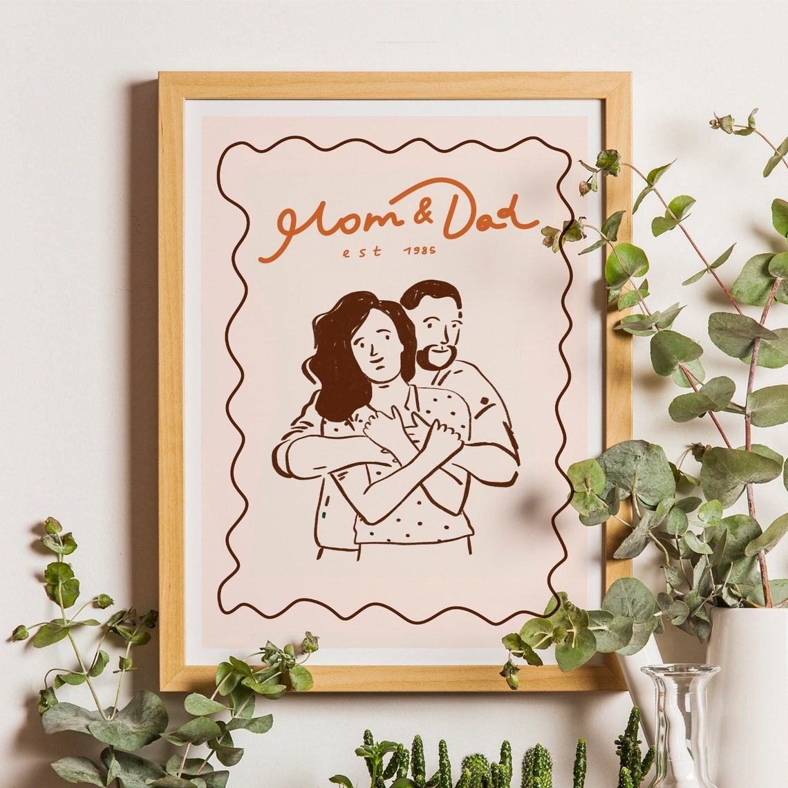Mom and Dad Est 1985 Embracing Couple Line Illustration Poster