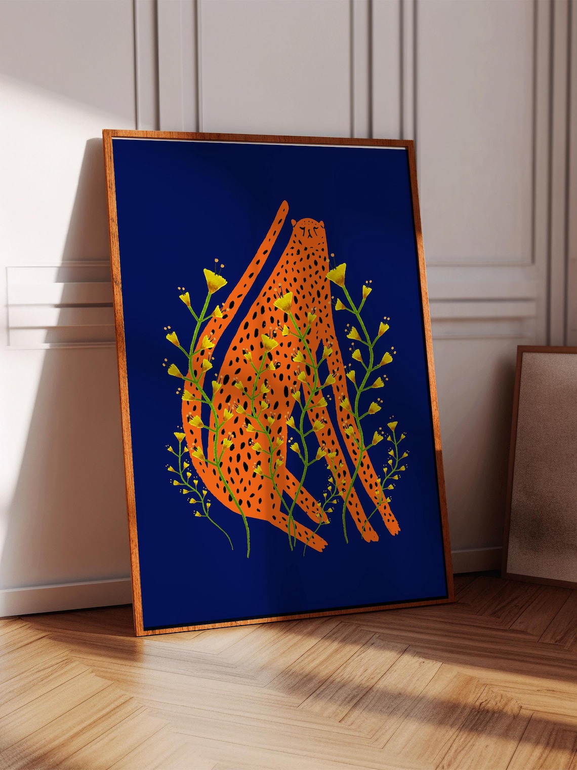 Orange Cheetah Print Art, Floral Animal Wall Print