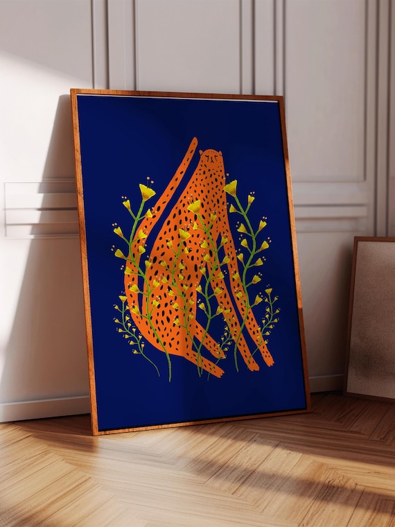 Orange Cheetah Print Art, Floral Animal Wall Print