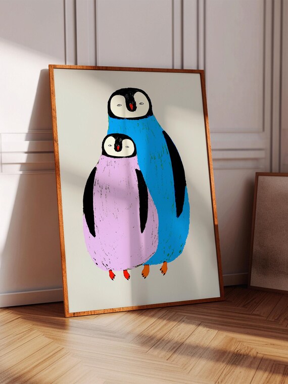 Two Cute Colorful Penguins Fun Kids Nursery Animal Art Poster