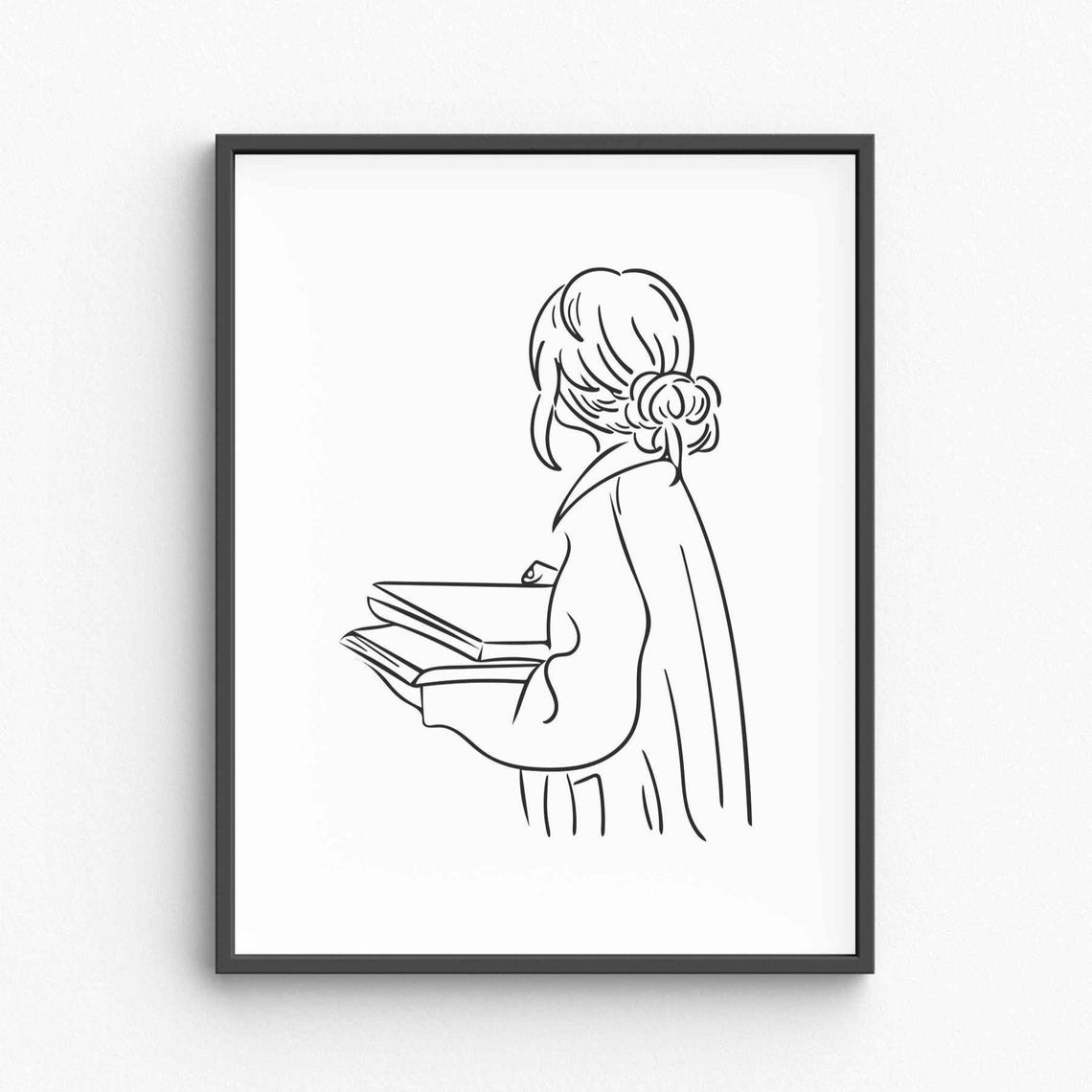 Woman Holding Books Back View Minimalist Line Art Reader Poster
