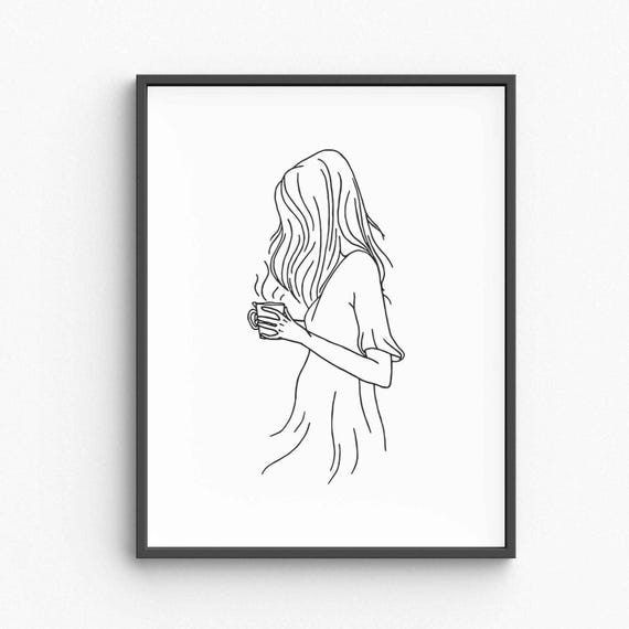 Minimalist Woman With Coffee Line Art Sad Girl Illustration Moody Female Drawing Black White Emotional Print Cozy Mental Health