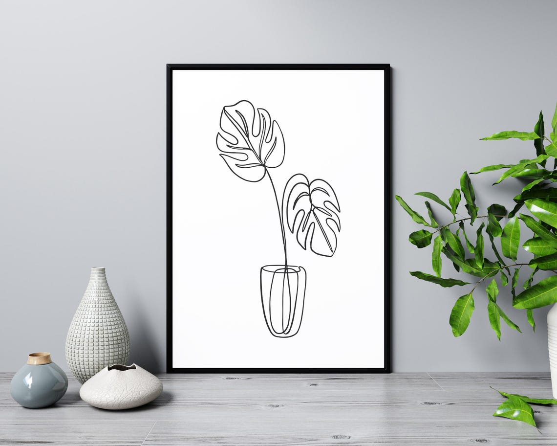 Monstera Leaves Vase Line Art Tropical Botanical Minimalist Poster - Image 3