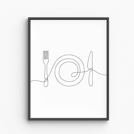 Minimalist Plate Fork Spoon Line Art Kitchen Utensils Drawing Dining Room Wall Decor Simple Tableware Sketch