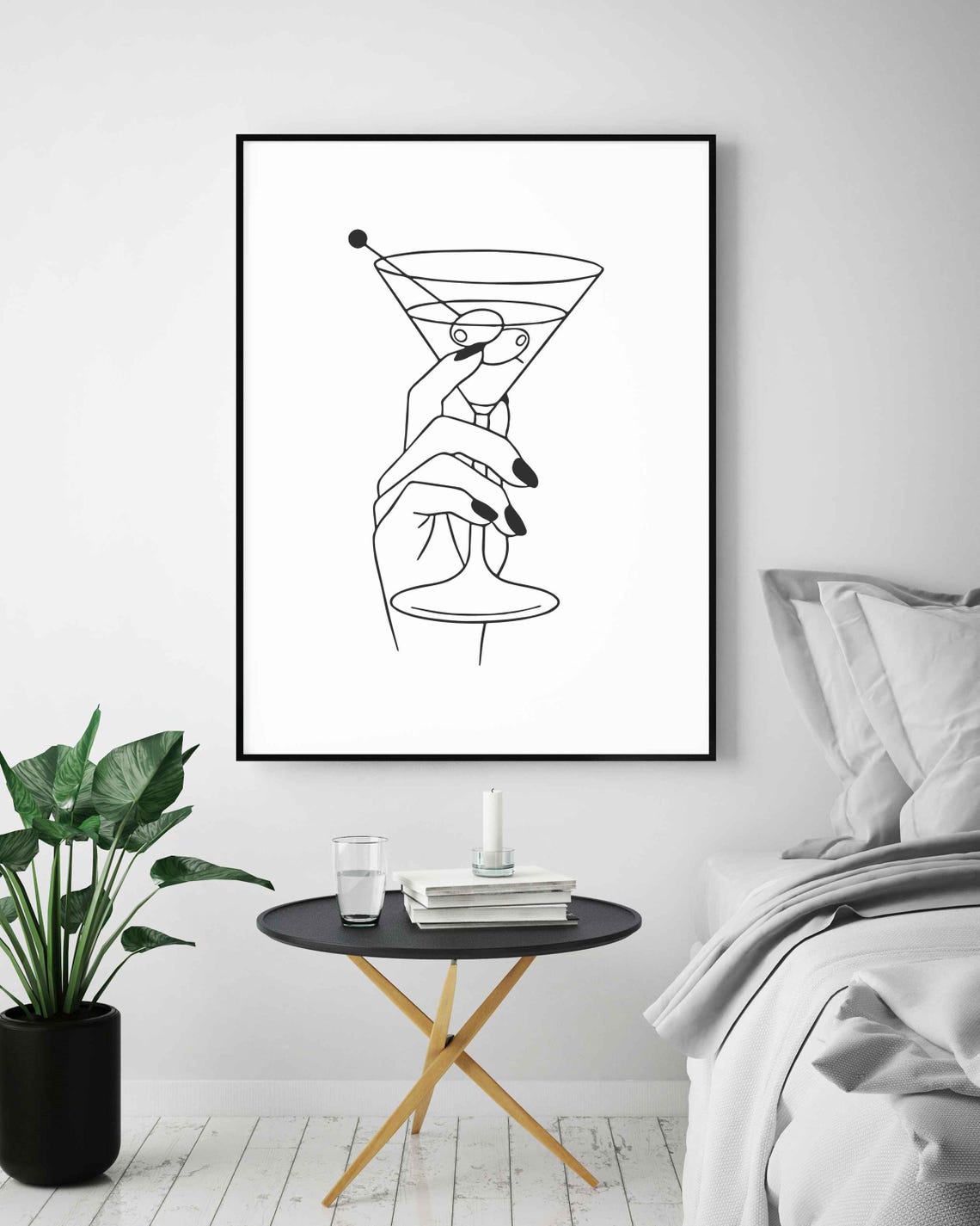 Hand Holding Martini Glass Olive Cocktail Chic Line Art Poster - Image 5