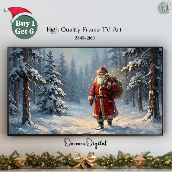 Santa Claus in Snowy Forest Samsung Frame TV Art Winter Evening Print