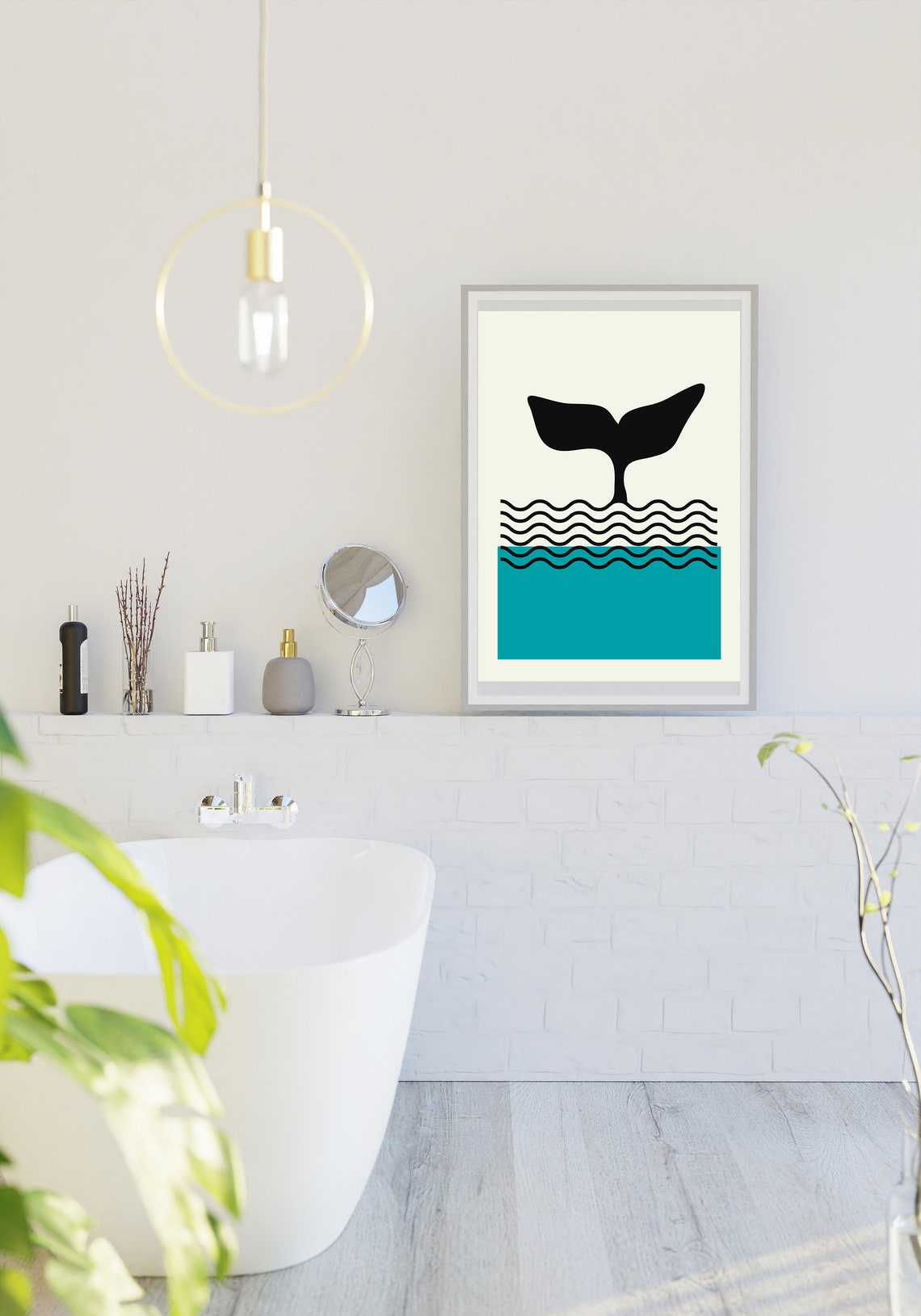 Minimalist Whale Tail Ocean Waves Teal Black Modern Bathroom Wall Art - Image 3