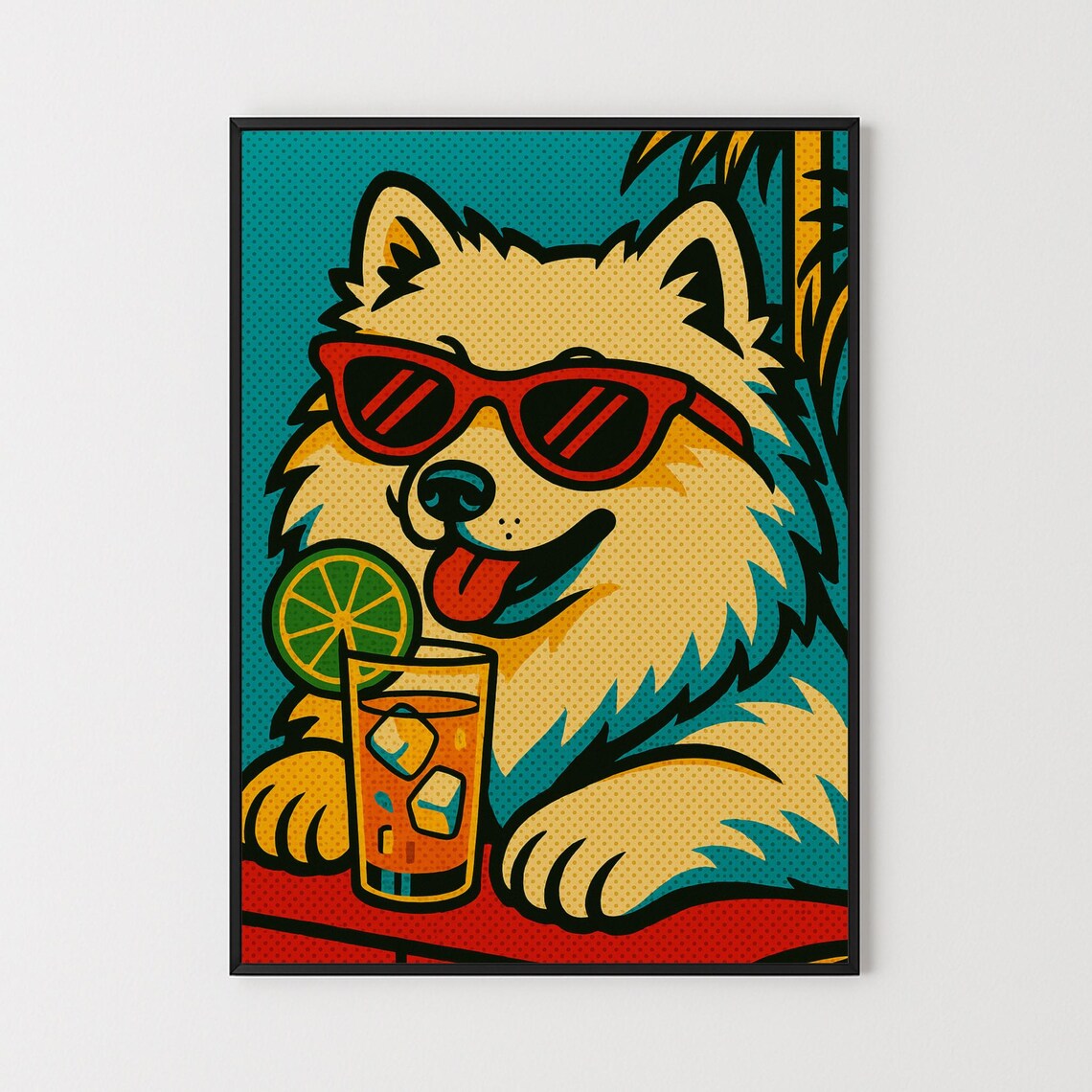 Samoyed Dog With Cocktail, Retro Pop Art Poster
