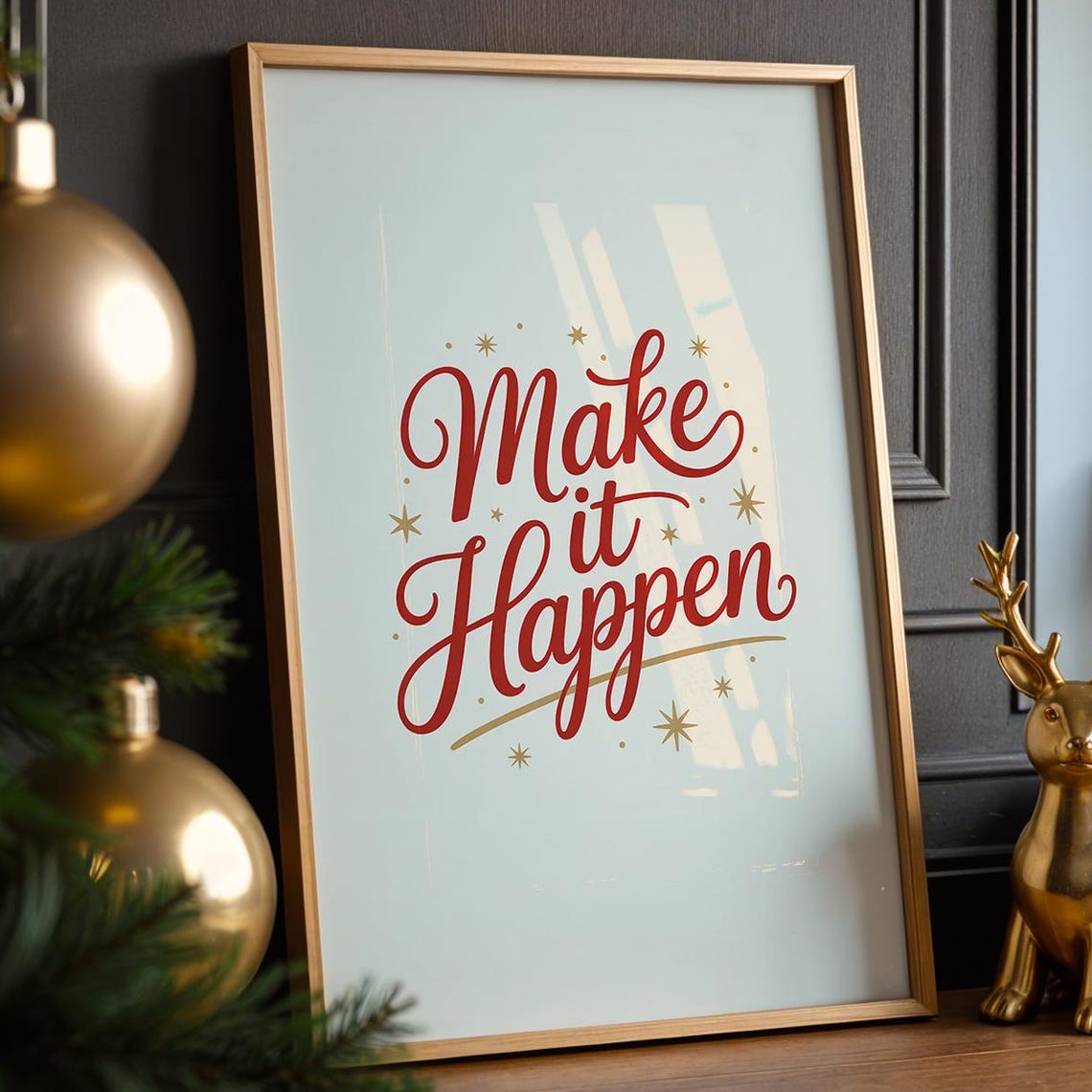 Make It Happen Hand Lettered Script Red Gold Motivational Quote Poster