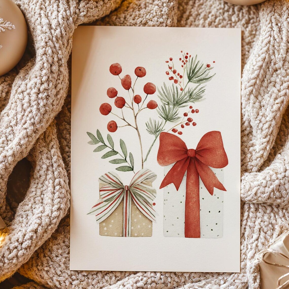 Watercolor Christmas Gift Boxes Red Bow Winter Berries Holiday Card Print