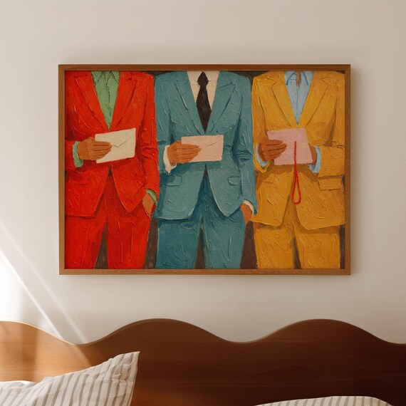 Women In Colorful Suits Holding Letters Contemporary Art Poster