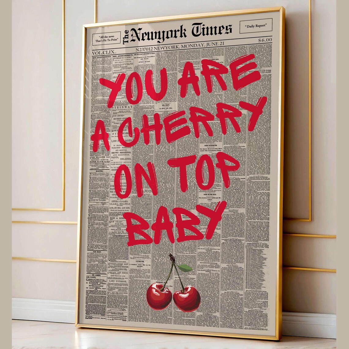 You Are A Cherry On Top Baby Sweet Vintage Newspaper Art Poster