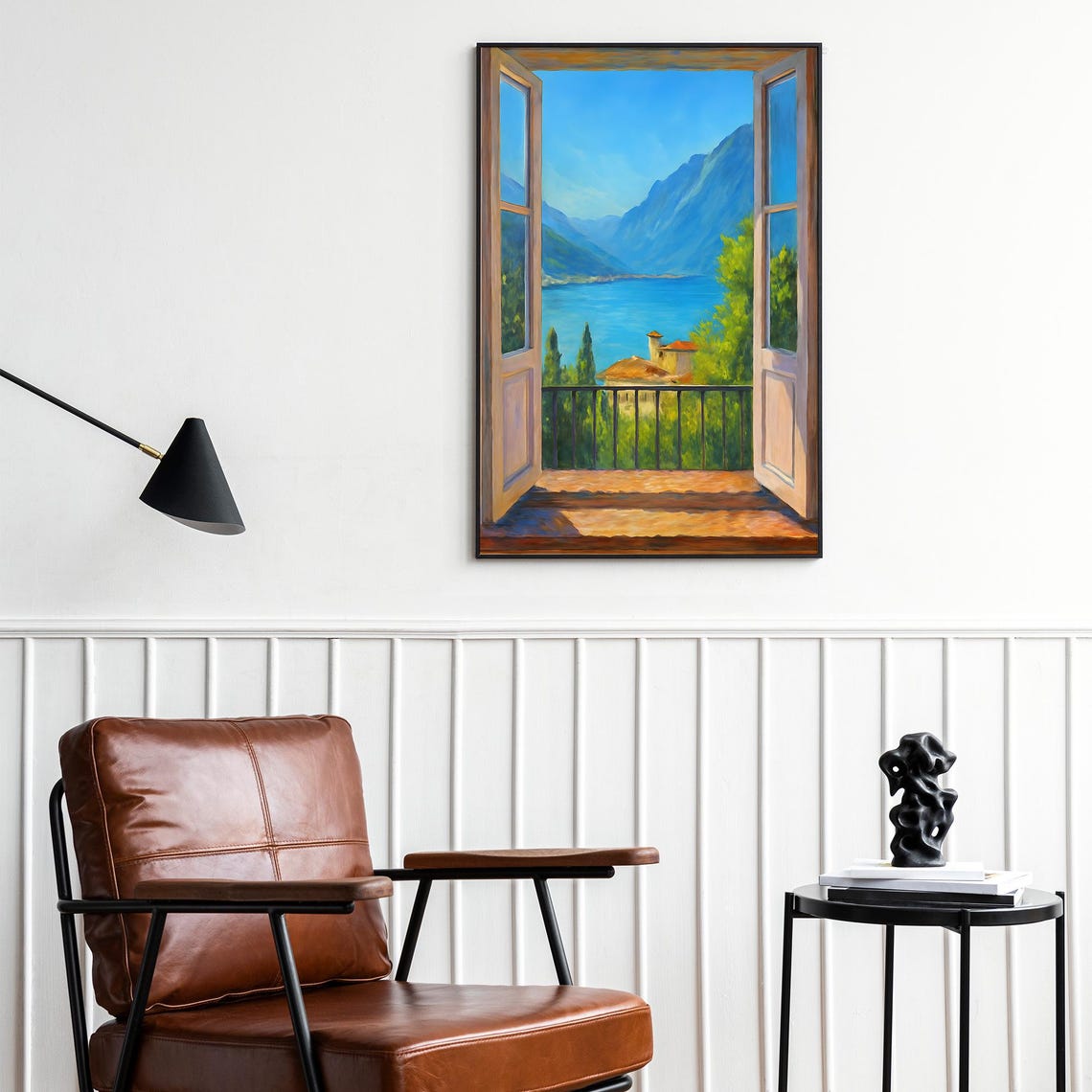Open Window Painting Sunlit Lake Mountains Terrace View Style Poster