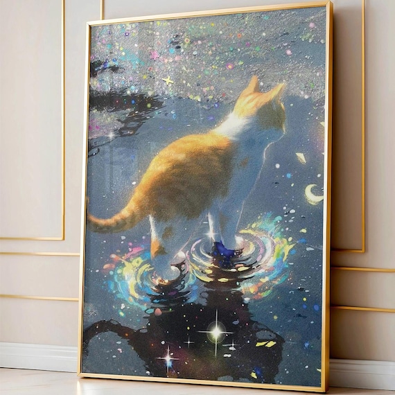 Retro Ginger Cat Walking On Sparkling Starry Water Art Print