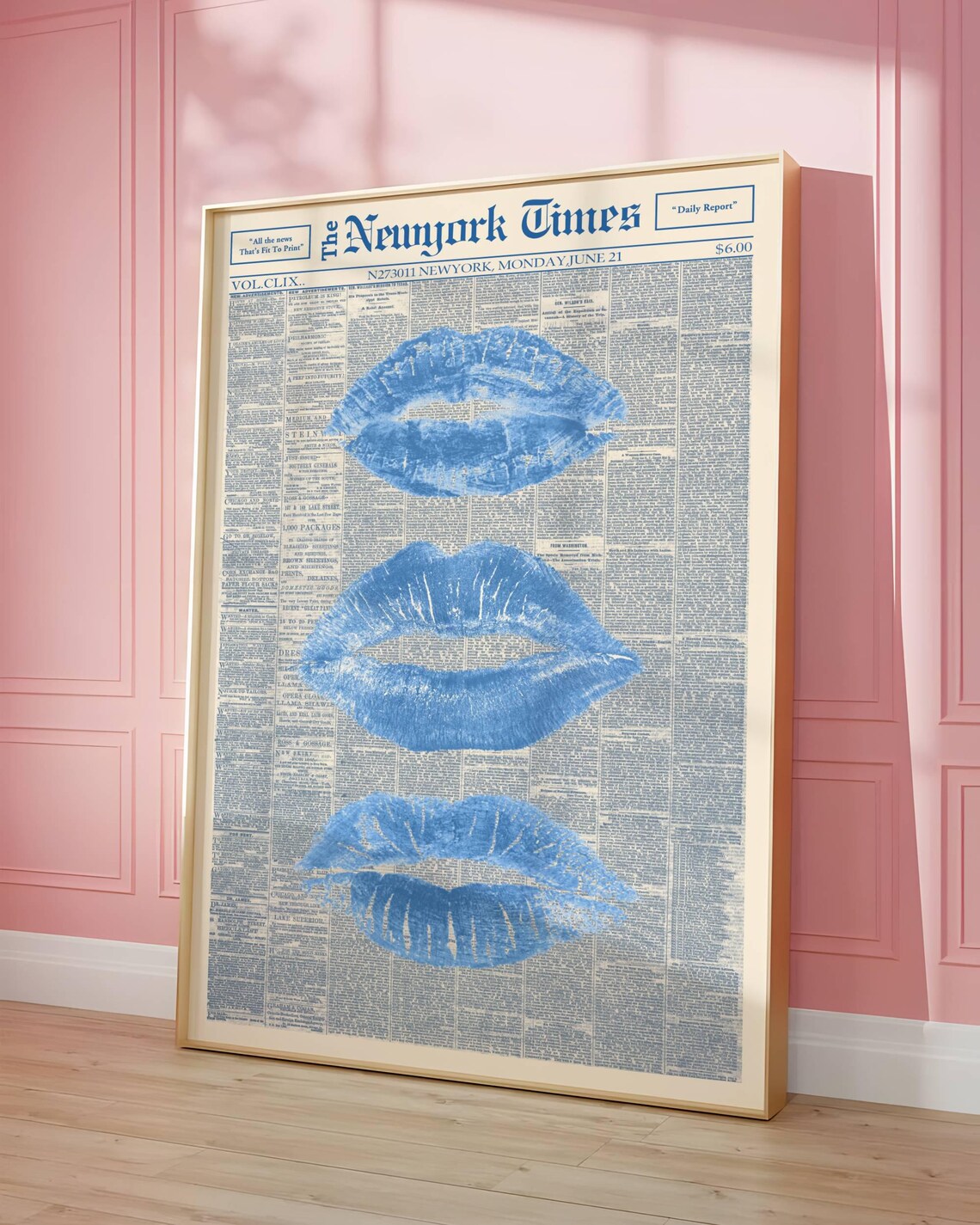 Blue Lips Kiss Trendy Chic Pink Newspaper Kisses Art Deco Poster