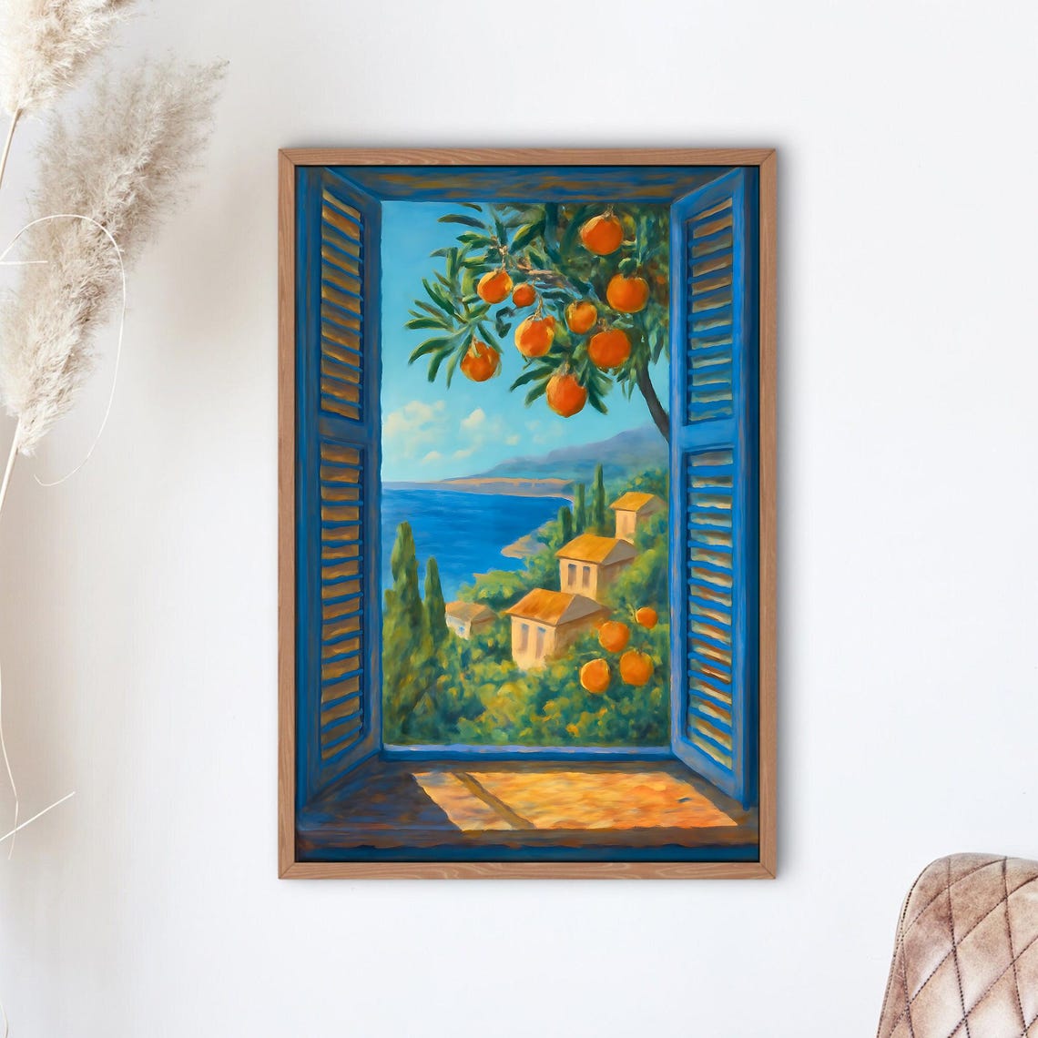 Open Window Orange Tree Mediterranean Village Coast Painting Poster