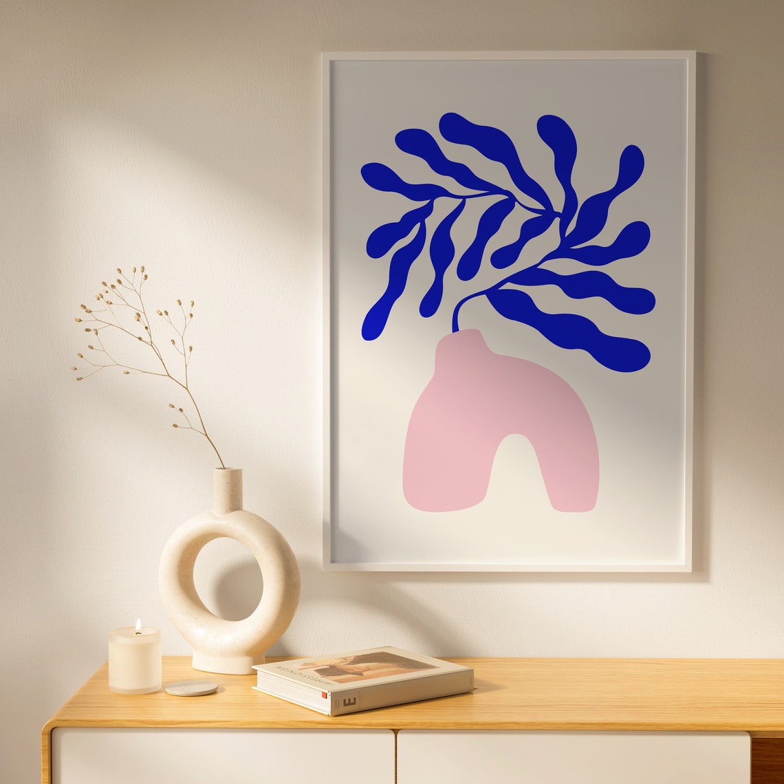 Blue Leaf Botanical Abstract Paper Cutout Pink Vase Art Print - Image 2