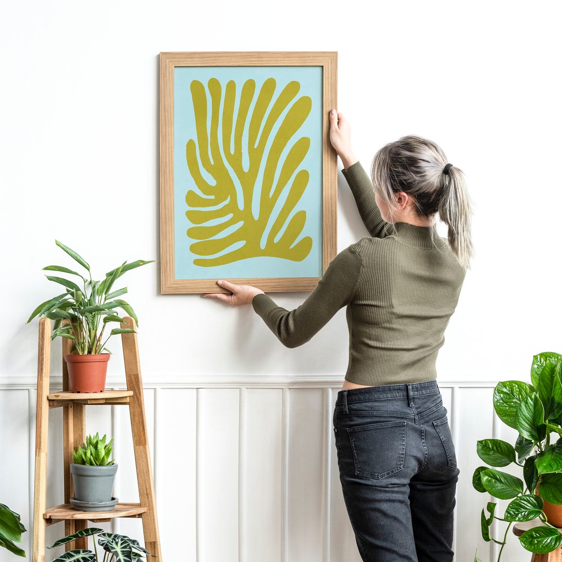 Olive Green Leaf Abstract Paper Cutout on Sky Blue Art Print - Image 3