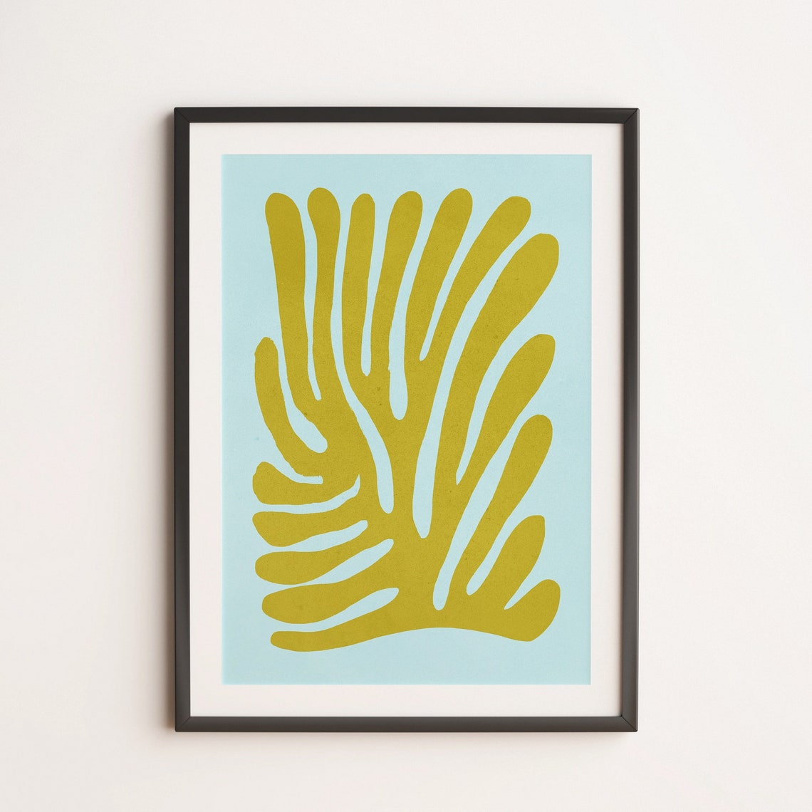 Olive Green Leaf Abstract Paper Cutout on Sky Blue Art Print