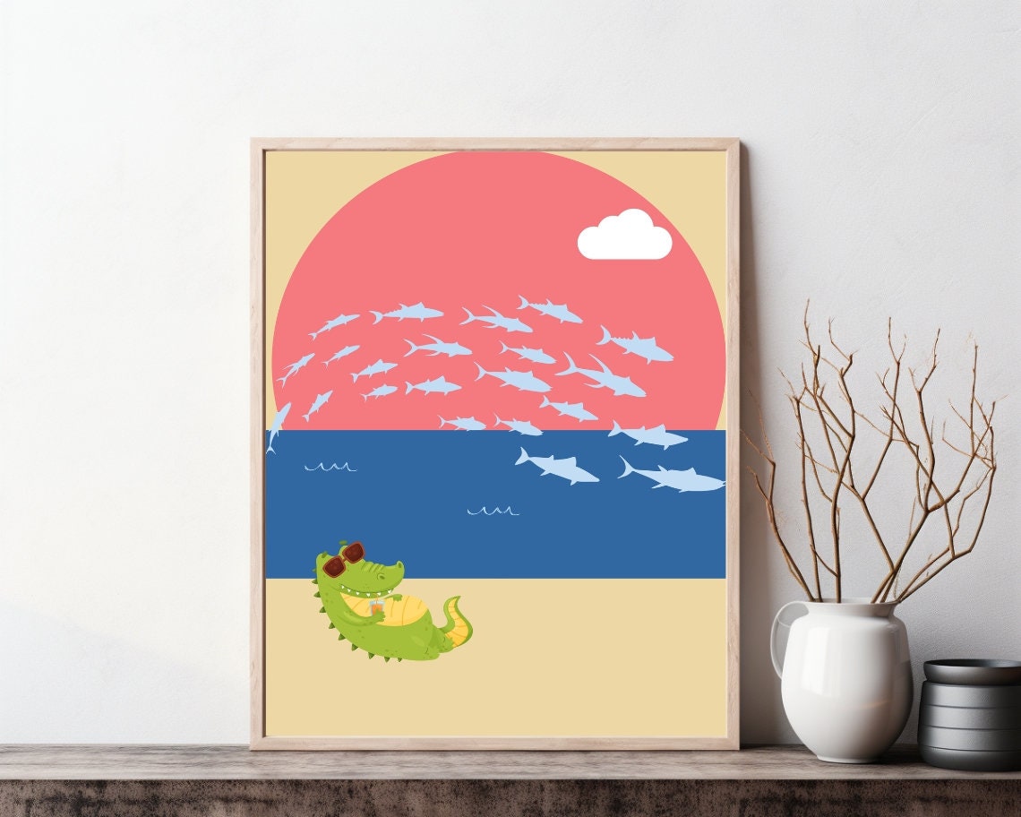 Cute Crocodile Sunbathing at Sunset Beach Funny Animal Poster