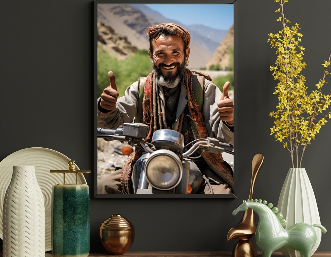 Smiling Afghan Man Giving Thumbs Up on Motorcycle Travel Poster - Image 2