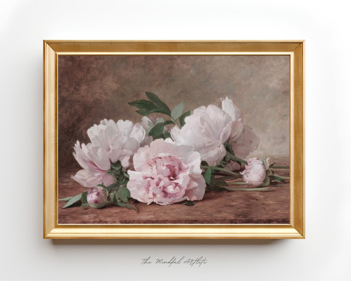 Moody Pink Peonies Painting Vintage Flower Print Dark Floral Print Vintage Roses Print Still Life Farmhouse Decor