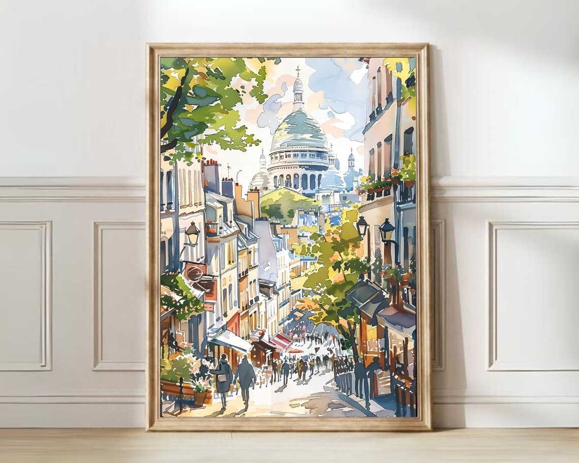Paris Montmartre Sacre Coeur Watercolor Street Travel Poster