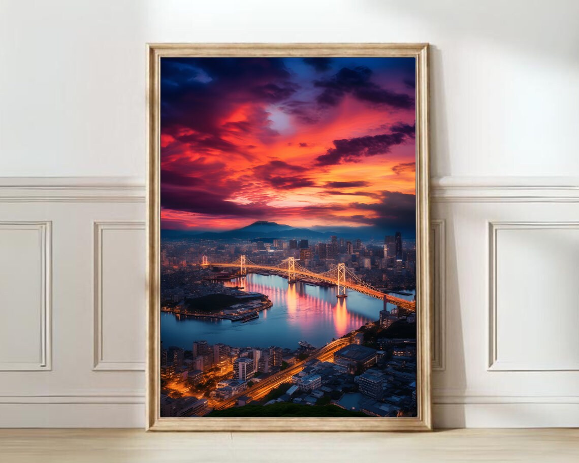 Osaka Japan Illuminated Harbor Bridge Sunset Skyline Travel Art Poster