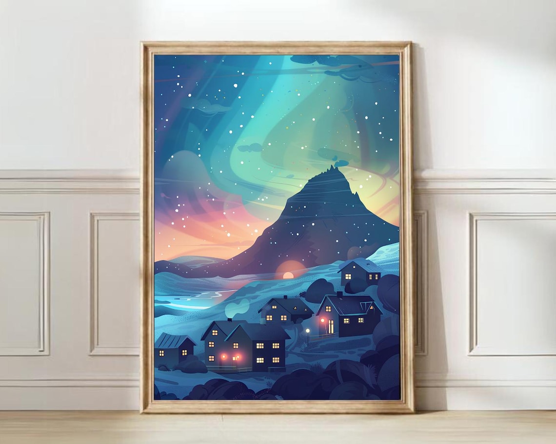Iceland Aurora Borealis Travel Poster, Northern Lights