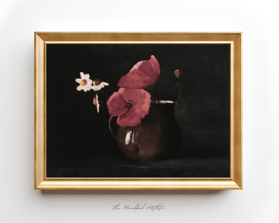Moody Dark Floral Still Life With Pink Poppies Vintage Poster
