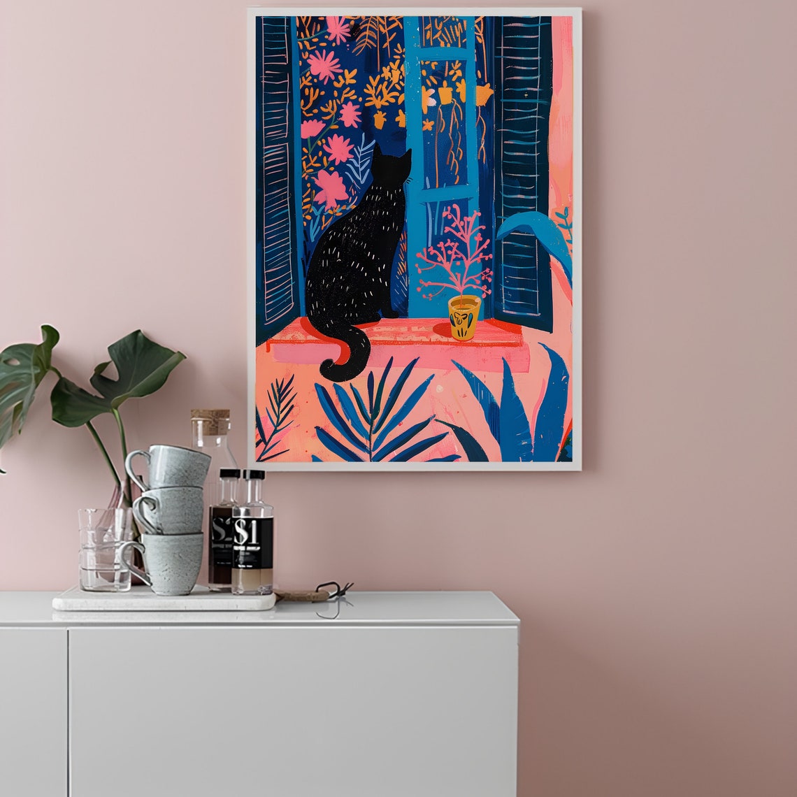 Black Cat At Window Matisse Inspired Fauvist Floral Art Poster - Image 3
