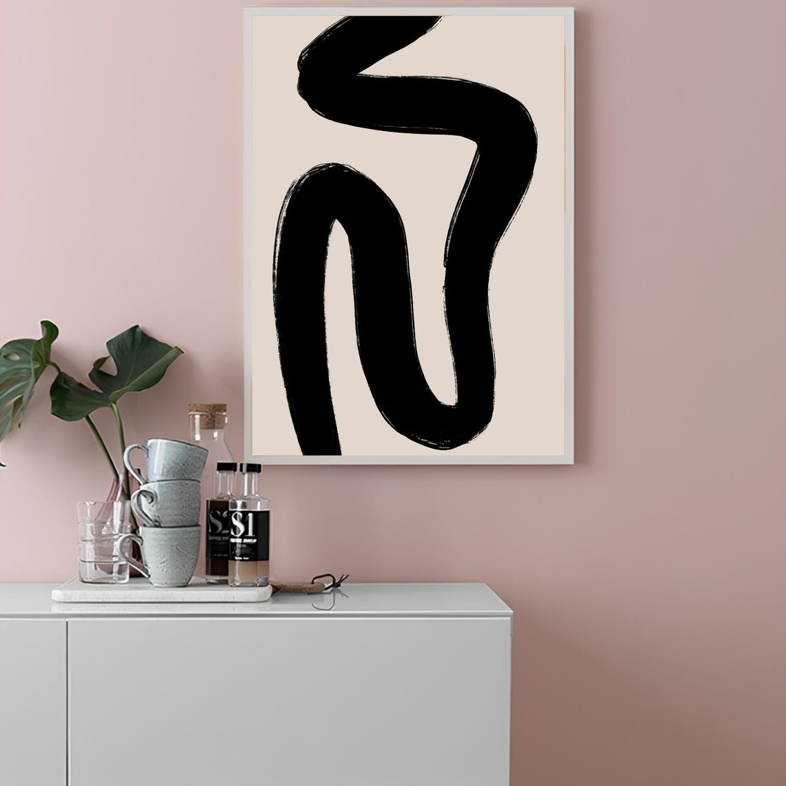 Bold Black Brushstroke Curves On Beige Modern Abstract Art Poster - Image 2