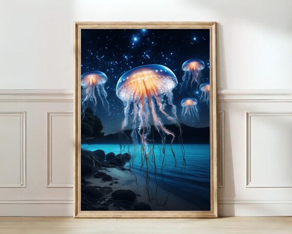 Glowing Jellyfish Under Starry Night Sky Ocean Dreams Poster