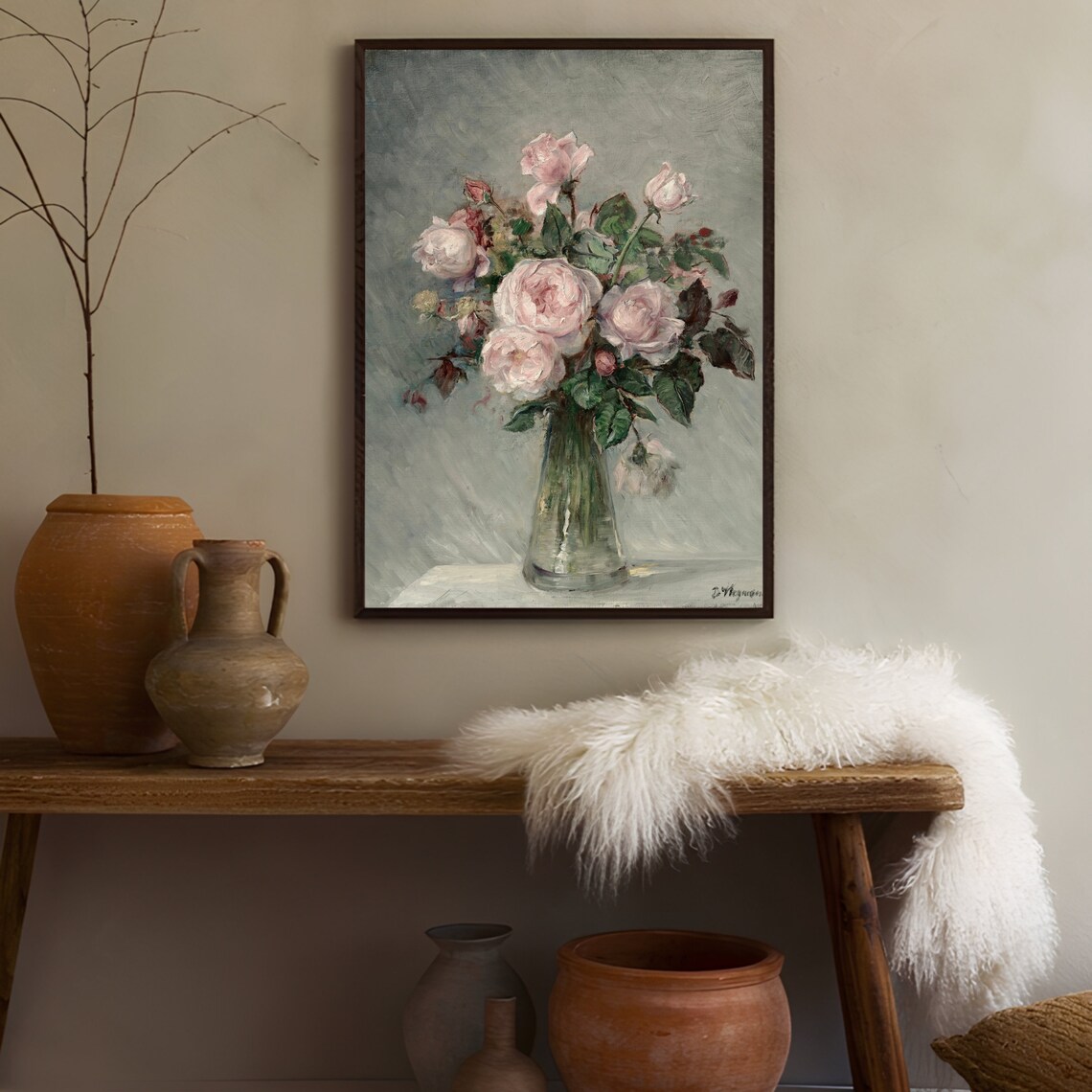Soft Pink Roses Bouquet in Glass Vase Vintage Style Floral Art Print - Image 2