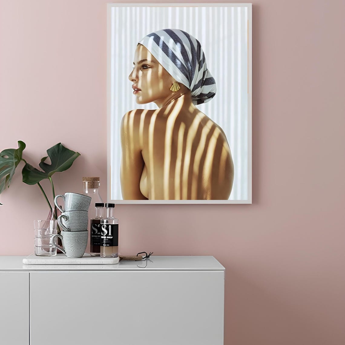 Striped Headscarf Fashion Portrait Light Shadow Beauty Wall Art - Image 2
