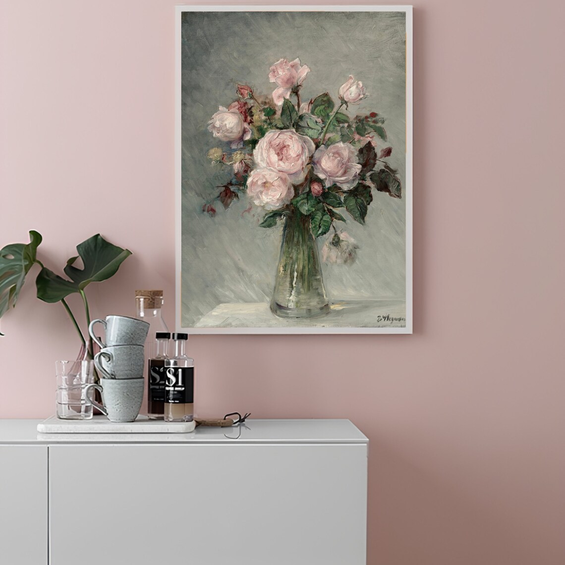 Soft Pink Roses Bouquet in Glass Vase Vintage Style Floral Art Print - Image 3