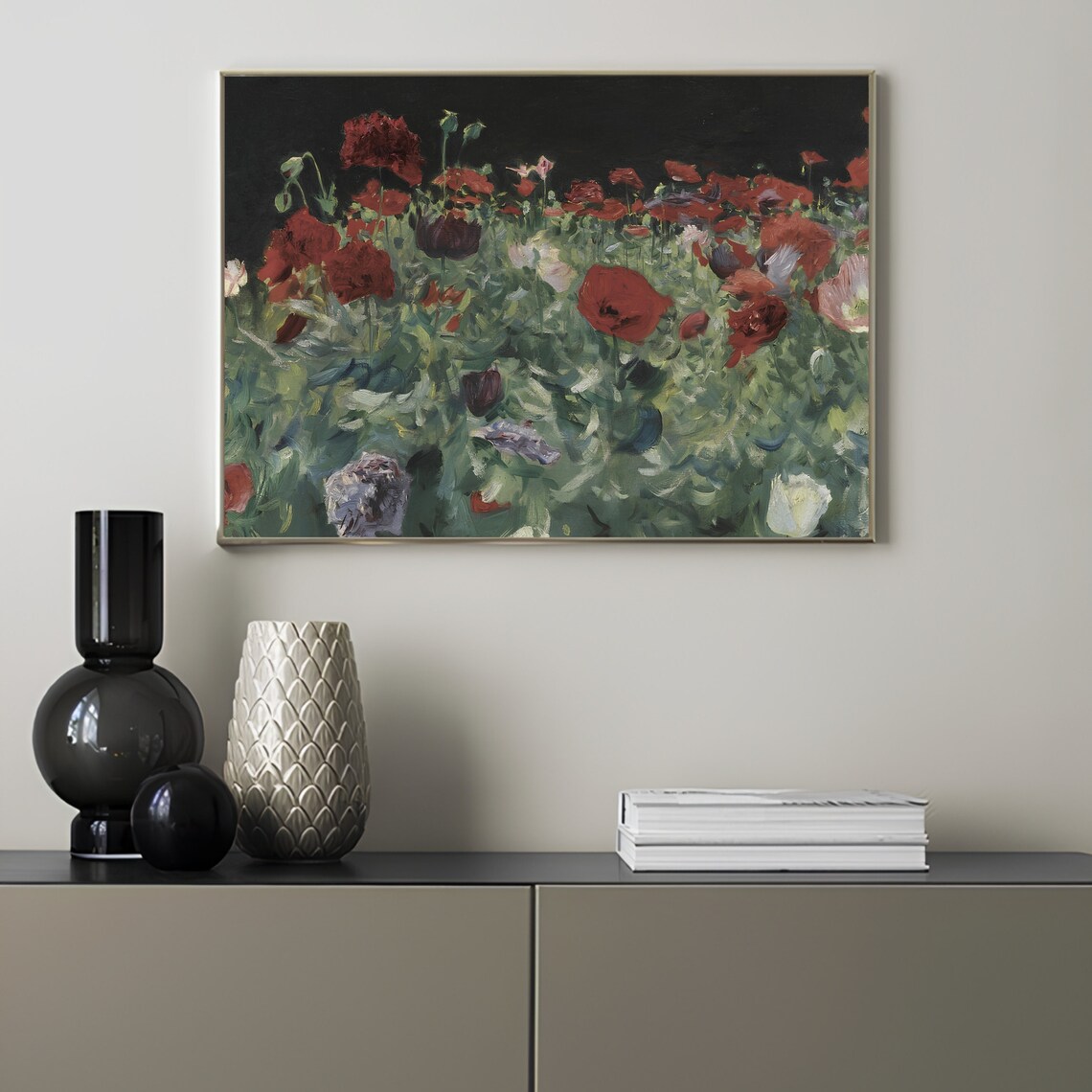 Red Poppy Meadow Vintage Floral Oil Painting Farmhouse Print - Image 3