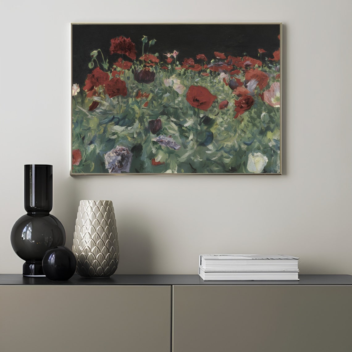 Vintage Flower Painting Vintage Landscape Painting Red Flower Field Painting Garden Meadow Painting Farmhouse Decor Rustic Country Art Print - Image 3
